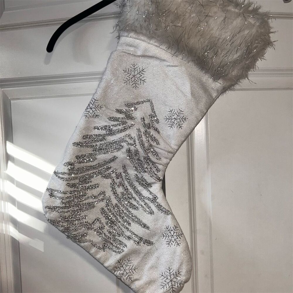 Storehouse Silver Beaded Christmas Stocking with Fur Trim 22" Large